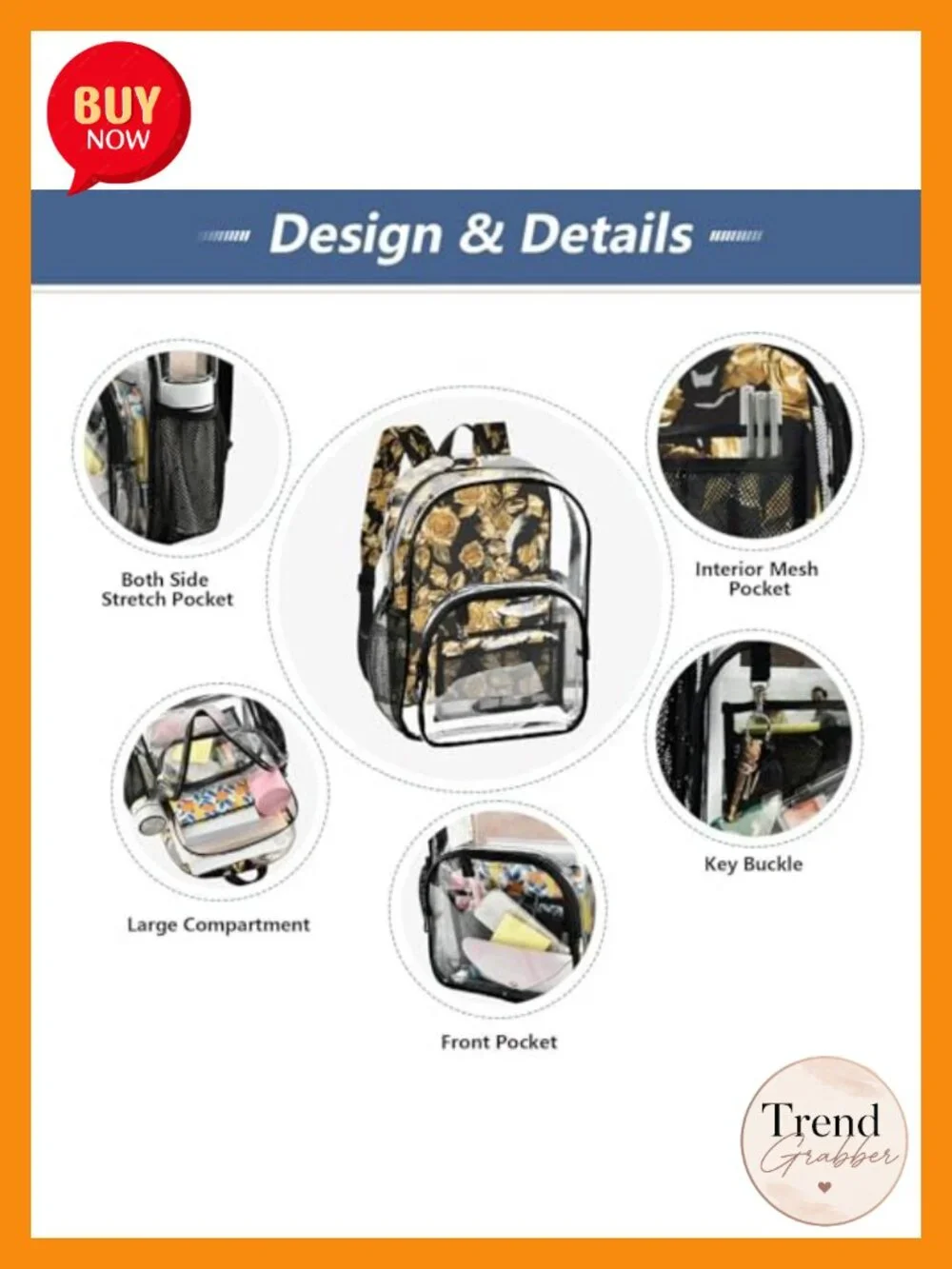Clear Fashion Backpack with Artistic Floral Print Waterproof PVC Daypack for